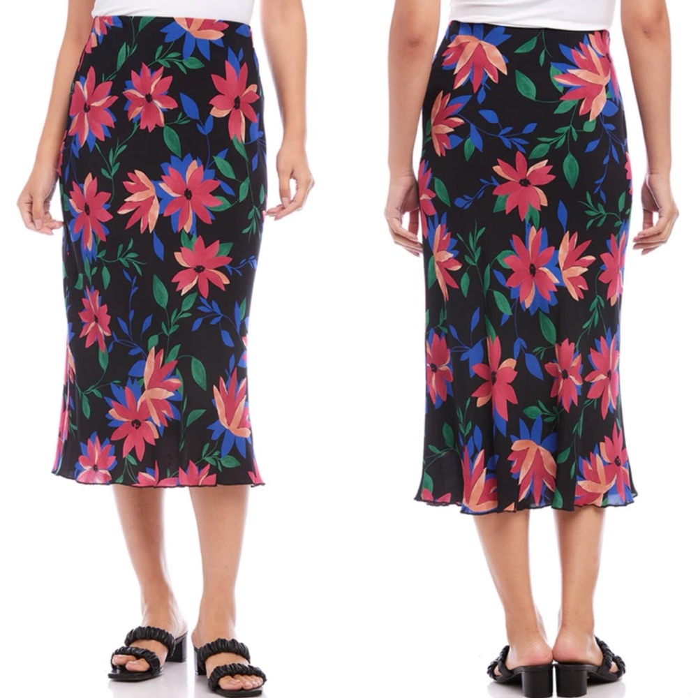 Karen Kane‎ NWT Colorful Floral Stretch Waist Bias Cut Midi Skirt Size Large